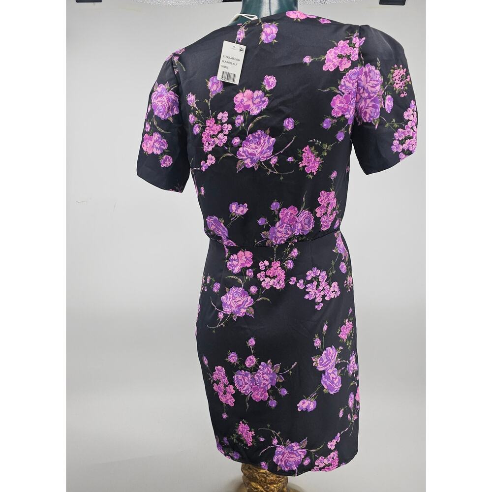 NEW LEYDEN Black Floral Satin Ruched Wrap Dress Short Sleeve Size S 3371 - Picture 6 of 14